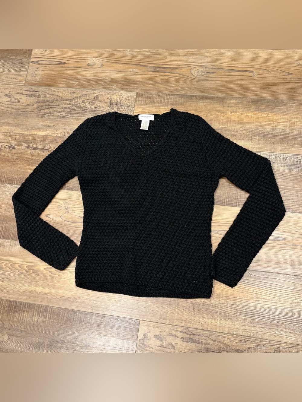 Jones New York Sport Black V-Neck Textured open Knit Sweater 100% cotton Y2K 90s
